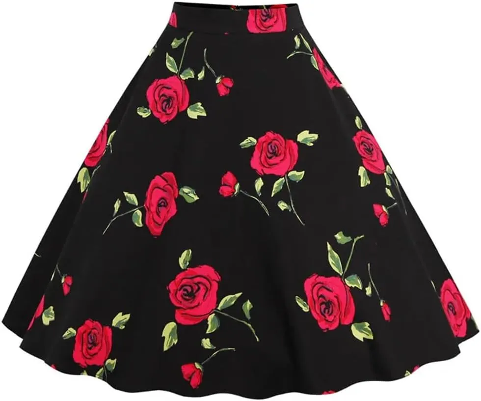 Floral Vintage Swing Midi Skirt Flower Print Elegant Women High Waist Cotton A Line Skirt