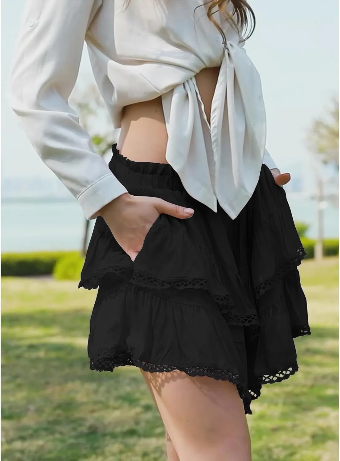Flowy Shorts for Women Boho Ruffle Tiered Skorts Casual Pleated Mini Skirts High Waist Golf Tennis Butterfly Shorts