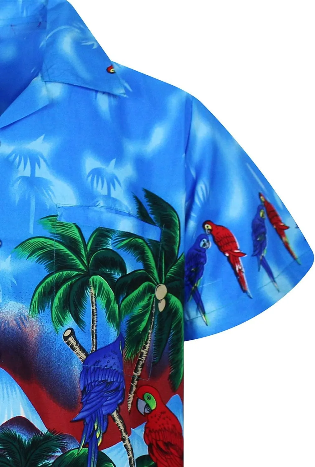 Funky Hawaiian Shirt Men Shortsleeve Frontpocket Hawaiian-Print Parrot Flowers