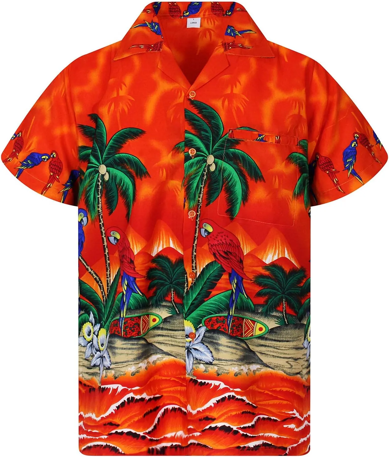 Funky Hawaiian Shirt Men Shortsleeve Frontpocket Hawaiian-Print Parrot Flowers