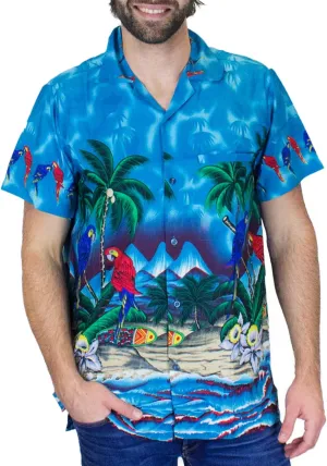 Funky Hawaiian Shirt Men Shortsleeve Frontpocket Hawaiian-Print Parrot Flowers