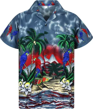 Funky Hawaiian Shirt Men Shortsleeve Frontpocket Hawaiian-Print Parrot Flowers