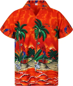 Funky Hawaiian Shirt Men Shortsleeve Frontpocket Hawaiian-Print Parrot Flowers