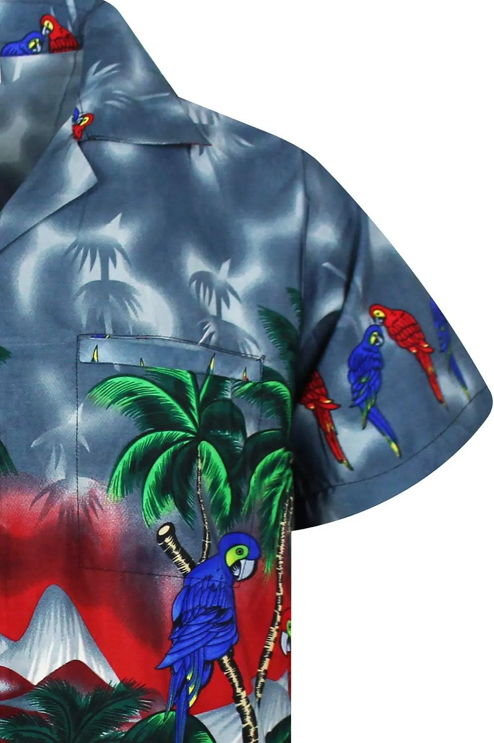Funky Hawaiian Shirt Men Shortsleeve Frontpocket Hawaiian-Print Parrot Flowers