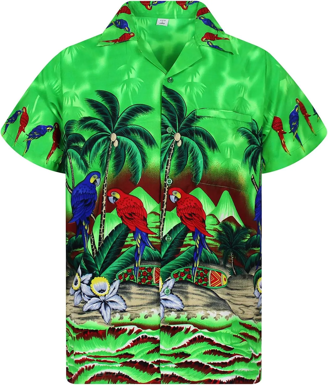 Funky Hawaiian Shirt Men Shortsleeve Frontpocket Hawaiian-Print Parrot Flowers