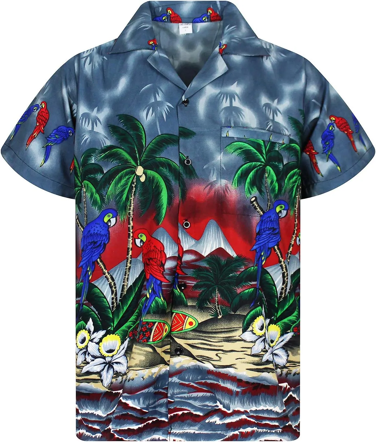 Funky Hawaiian Shirt Men Shortsleeve Frontpocket Hawaiian-Print Parrot Flowers