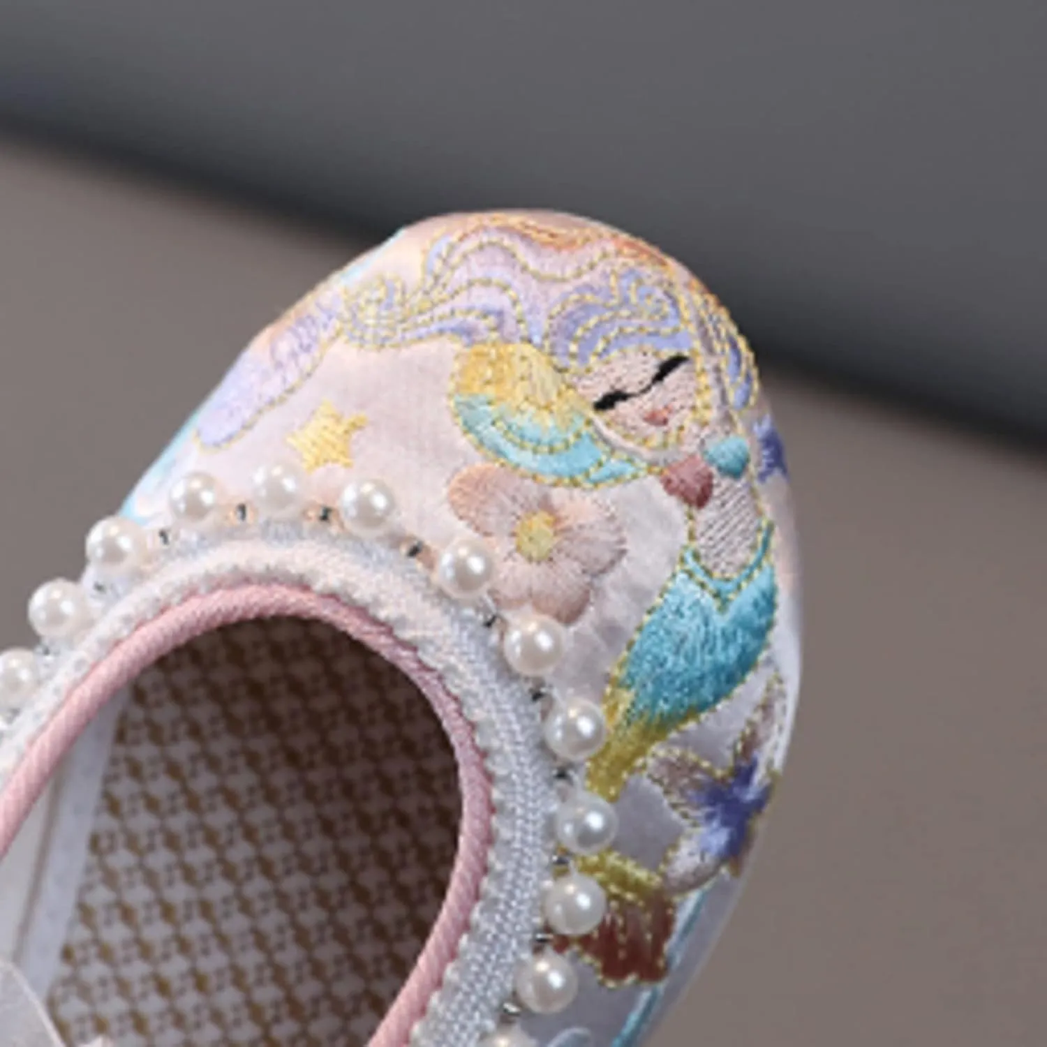Girls Floral Embroidery Flat Pearl Braided Mary Jane Dress Shoes Ankle Strap Sandal Part Dress Shoes