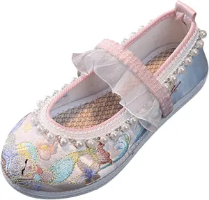Girls Floral Embroidery Flat Pearl Braided Mary Jane Dress Shoes Ankle Strap Sandal Part Dress Shoes