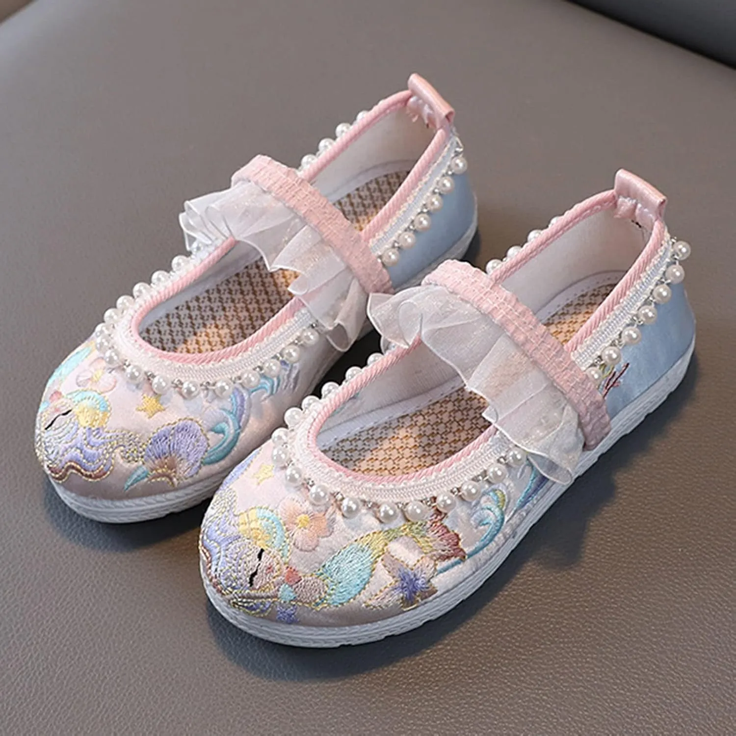Girls Floral Embroidery Flat Pearl Braided Mary Jane Dress Shoes Ankle Strap Sandal Part Dress Shoes