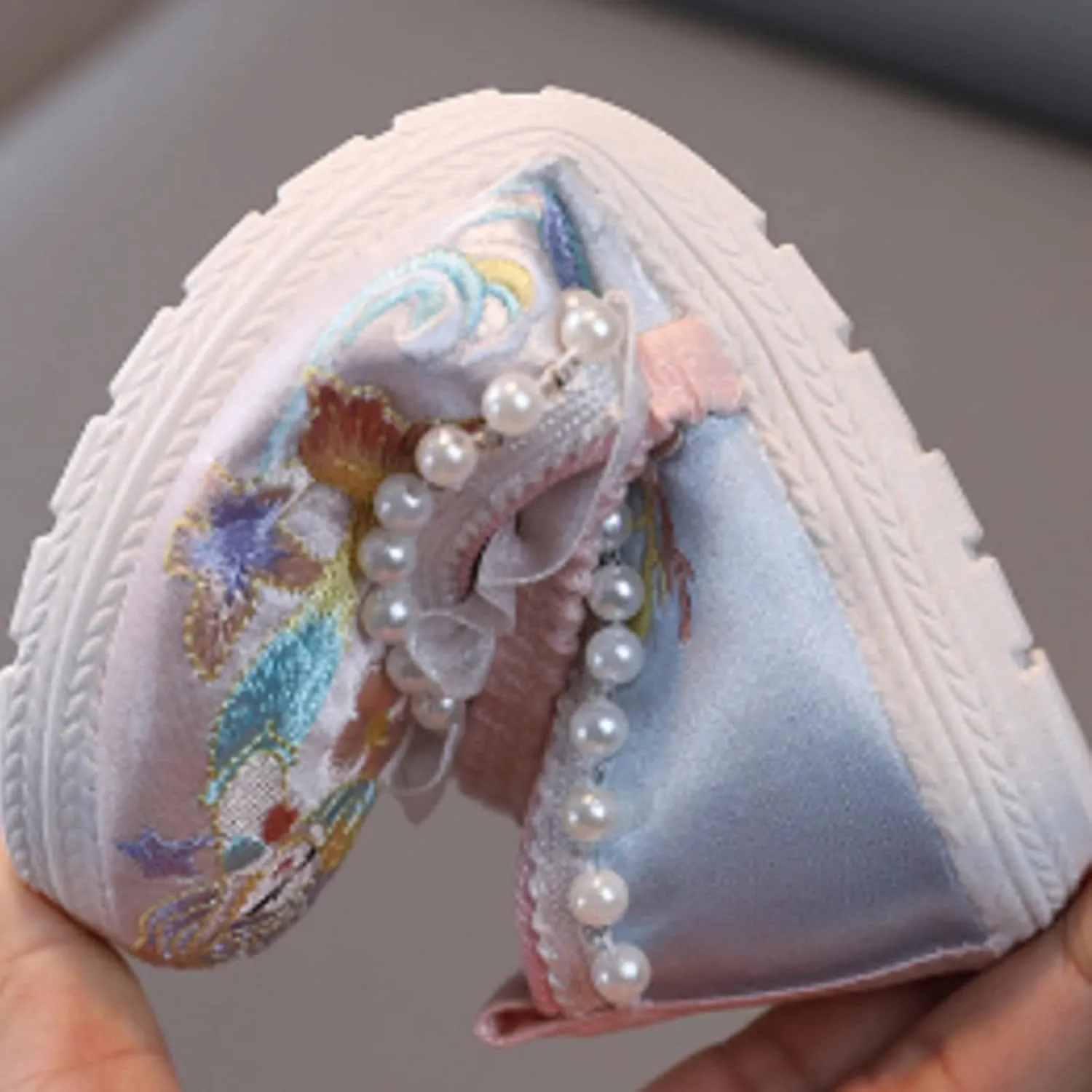 Girls Floral Embroidery Flat Pearl Braided Mary Jane Dress Shoes Ankle Strap Sandal Part Dress Shoes