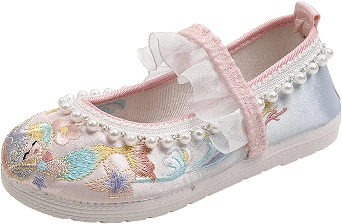 Girls Floral Embroidery Flat Pearl Braided Mary Jane Dress Shoes Ankle Strap Sandal Part Dress Shoes