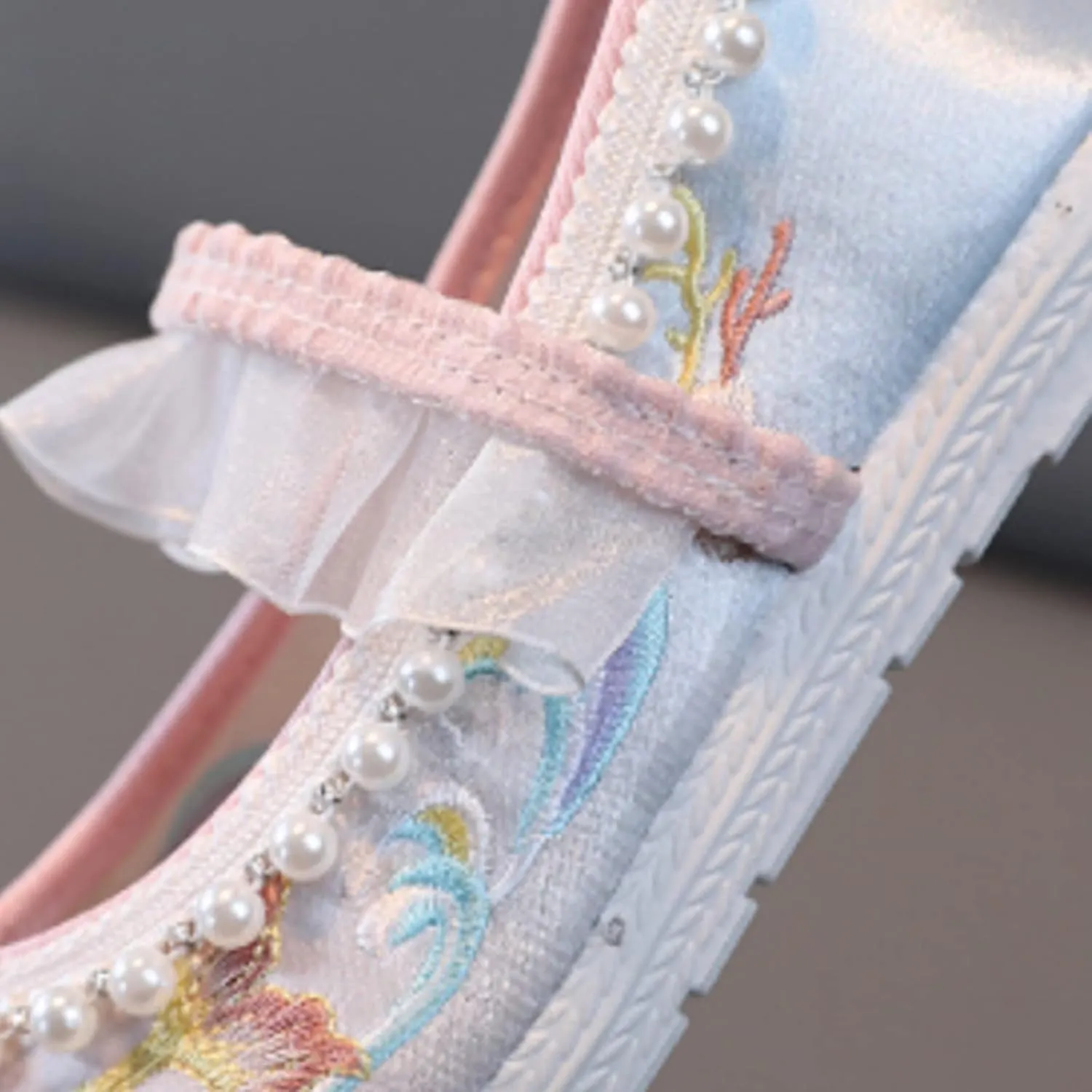 Girls Floral Embroidery Flat Pearl Braided Mary Jane Dress Shoes Ankle Strap Sandal Part Dress Shoes