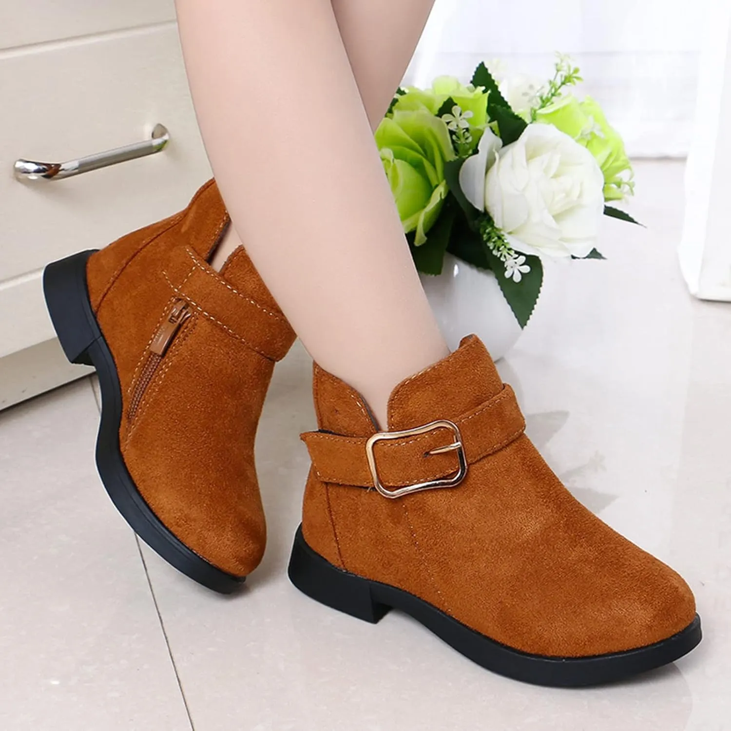 Girls Shoes Fashion Solid Color Short Boots Non Slip Breathable Nude Women Boots House Slippers for Kids (Brown, 3.5-4 Years Toddler)