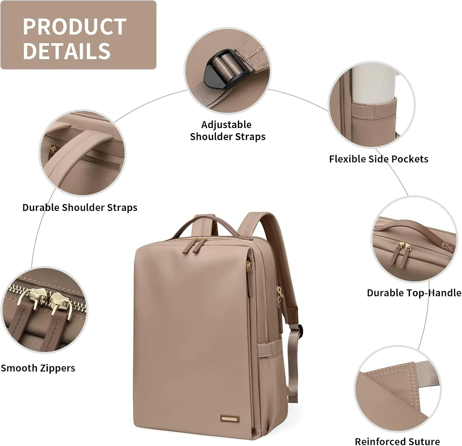 GOLF SUPAGS Stylish Laptop Backpack for Women Airline Approved Perfect for Work College and Travel Multi-Functional Casual Daypack Fits 15.6 Inch Notebook (Champagne)