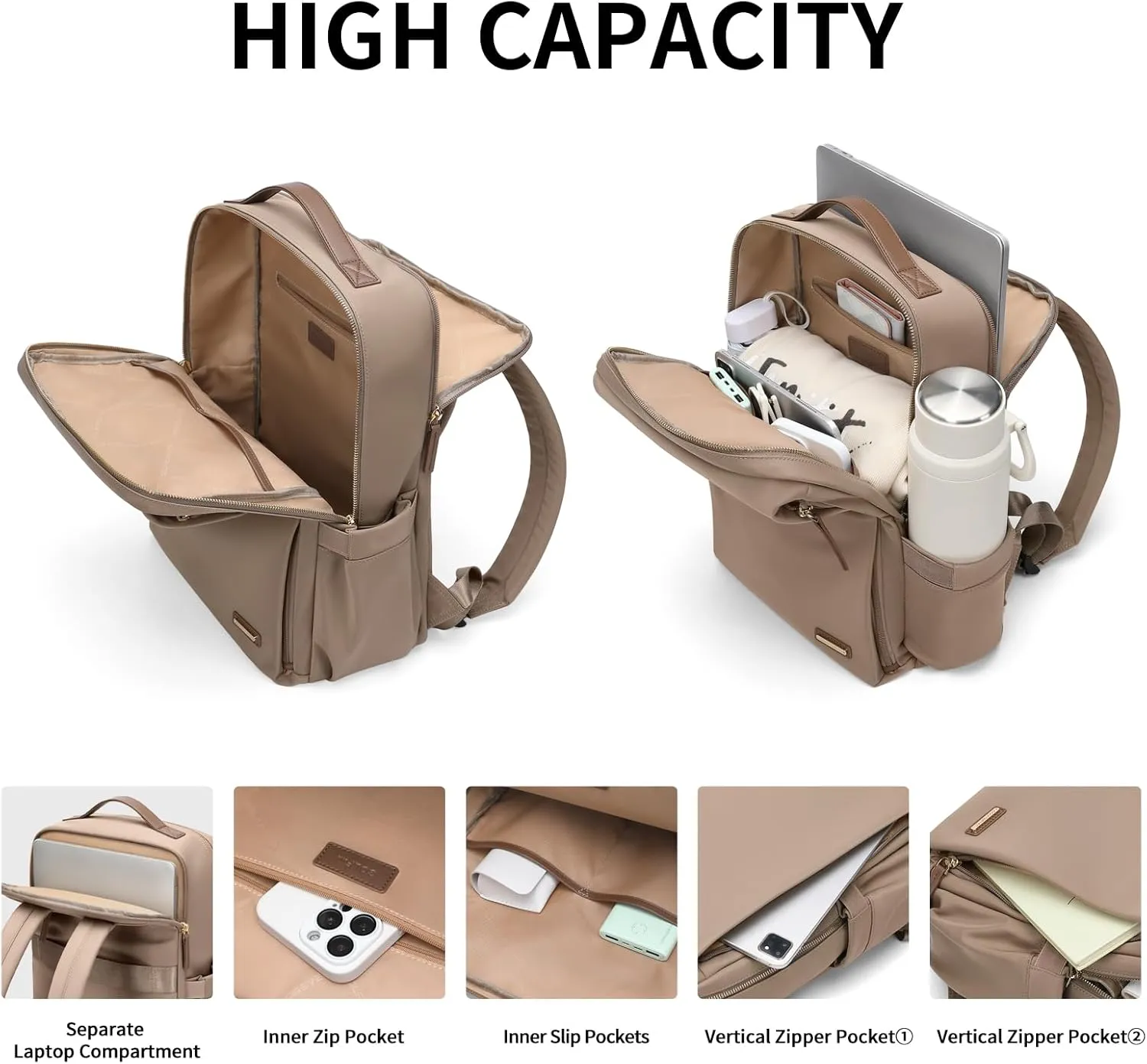 GOLF SUPAGS Stylish Laptop Backpack for Women Airline Approved Perfect for Work College and Travel Multi-Functional Casual Daypack Fits 15.6 Inch Notebook (Champagne)