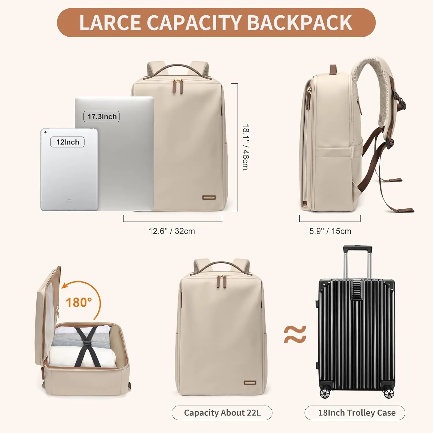 GOLF SUPAGS Stylish Laptop Backpack for Women Airline Approved Perfect for Work College and Travel Multi-Functional Casual Daypack Fits 17.3 Inch Notebook (Apricot)
