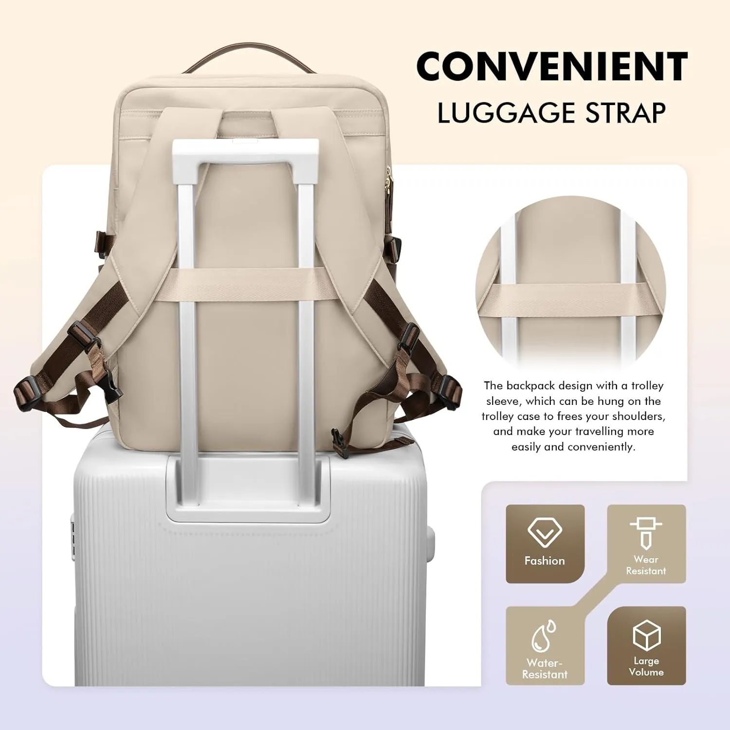 GOLF SUPAGS Stylish Laptop Backpack for Women Airline Approved Perfect for Work College and Travel Multi-Functional Casual Daypack Fits 17.3 Inch Notebook (Apricot)