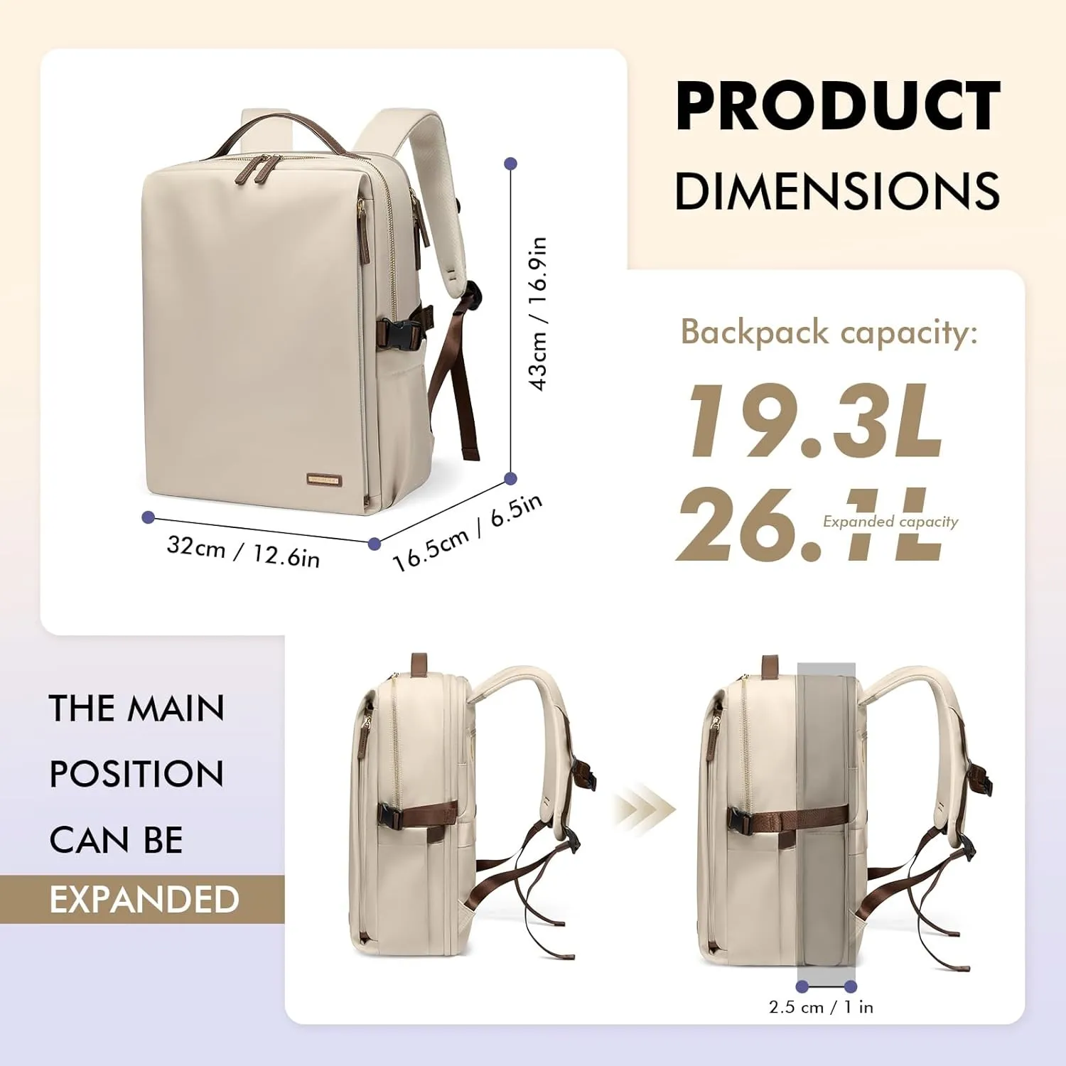 GOLF SUPAGS Stylish Laptop Backpack for Women Airline Approved Perfect for Work College and Travel Multi-Functional Casual Daypack Fits 17.3 Inch Notebook (Apricot)