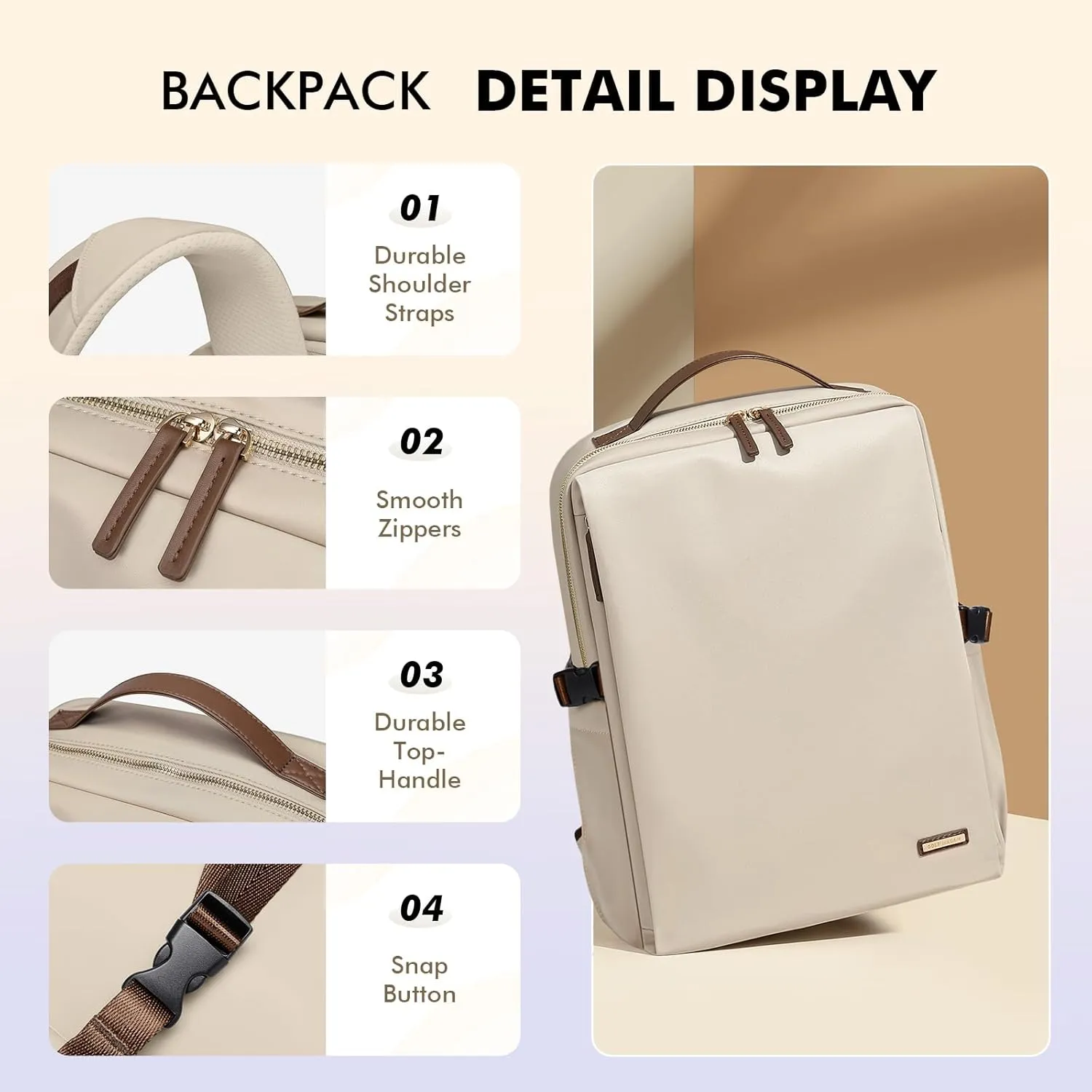GOLF SUPAGS Stylish Laptop Backpack for Women Airline Approved Perfect for Work College and Travel Multi-Functional Casual Daypack Fits 17.3 Inch Notebook (Apricot)