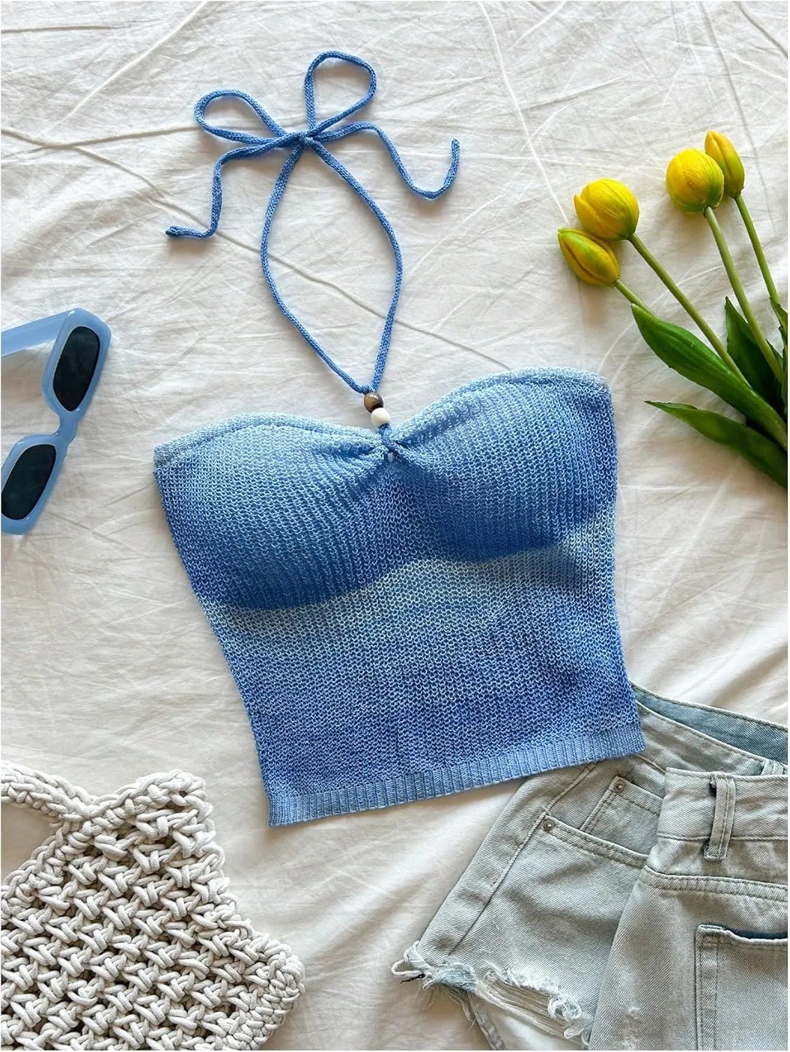 GORGLITTER Women's Crochet Halter Camisole Top Tie Backless Sleeveless Knit Going Out Crop Tops