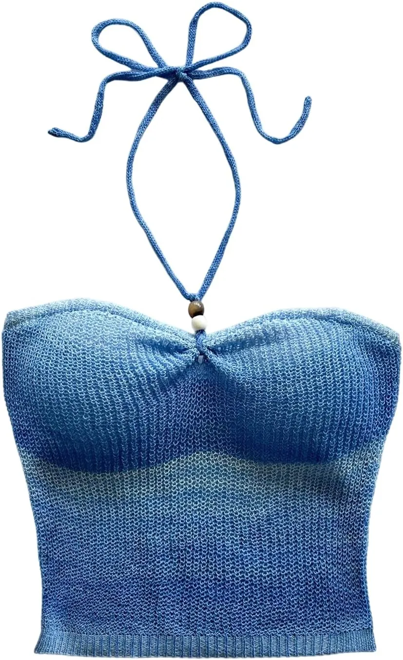 GORGLITTER Women's Crochet Halter Camisole Top Tie Backless Sleeveless Knit Going Out Crop Tops