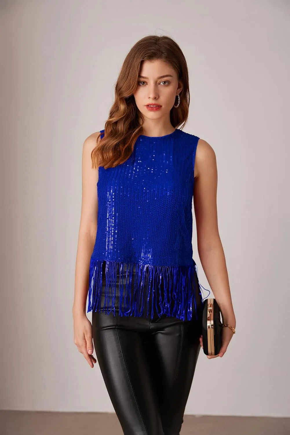 GRACE KARIN Sparkly Fringe Tops for Women Sleeveless Crewneck Tassel Sequin Tank Top Glitter Crop Party Shirt Cami Outfit