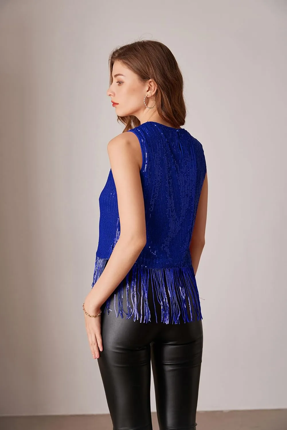 GRACE KARIN Sparkly Fringe Tops for Women Sleeveless Crewneck Tassel Sequin Tank Top Glitter Crop Party Shirt Cami Outfit