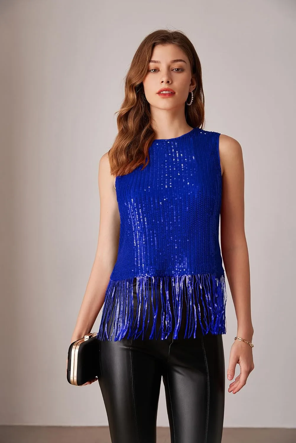 GRACE KARIN Sparkly Fringe Tops for Women Sleeveless Crewneck Tassel Sequin Tank Top Glitter Crop Party Shirt Cami Outfit