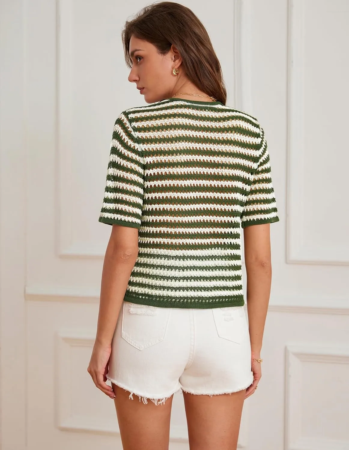 GRACE KARIN Womens Summer Tie Front Cardigan Striped Short Sleeve Sweater Crochet Cropped Tops Casual Beach Coverup