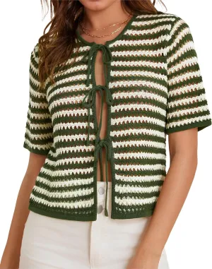 GRACE KARIN Womens Summer Tie Front Cardigan Striped Short Sleeve Sweater Crochet Cropped Tops Casual Beach Coverup