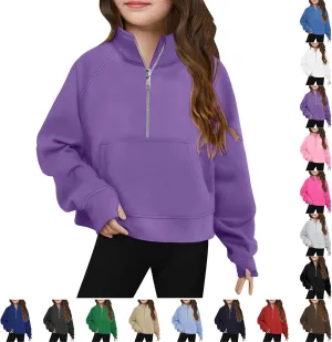 Half Zip Crop Sweatshirt For Girls Long Sleeve Pullover Tops Kids Lightweight Fleece Winter Clothes 5-13 Years