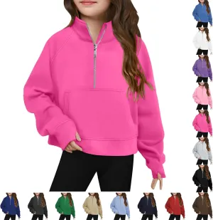 Half Zip Crop Sweatshirt For Girls Long Sleeve Pullover Tops Kids Lightweight Fleece Winter Clothes 5-13 Years