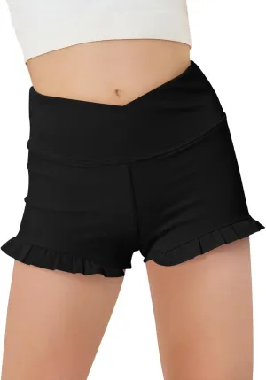 Haloumoning Girls Athletic Ruffle High Waisted Yoga Dance Gymnastics Shorts 5-14Y