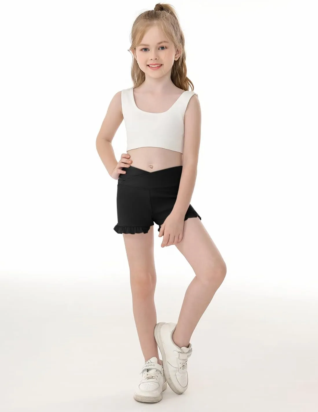 Haloumoning Girls Athletic Ruffle High Waisted Yoga Dance Gymnastics Shorts 5-14Y