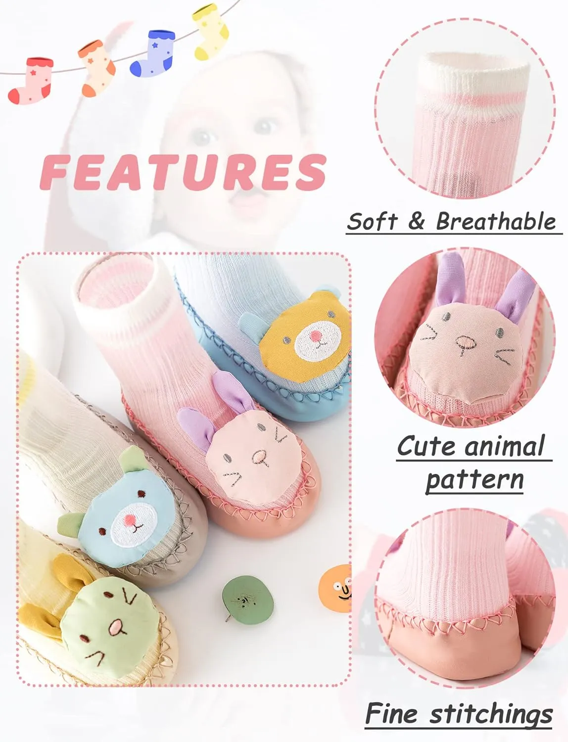 Happy Cherry 3 Pairs Baby Cotton Shoes Socks Anti-slip Cartoon Socks Toddlers Animal Indoor Slipper Summer Shoes Socks