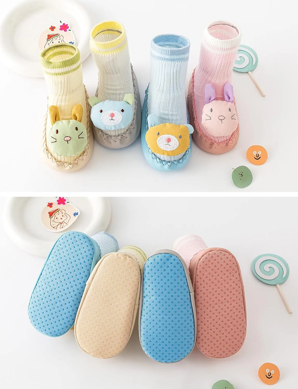 Happy Cherry 3 Pairs Baby Cotton Shoes Socks Anti-slip Cartoon Socks Toddlers Animal Indoor Slipper Summer Shoes Socks