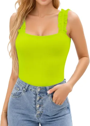 HERLOLLYCHIPS Sexy Tank Tops for Women Square Neck Ruffle Strap Ribbed Knit Tight Stretchy Sleeveless Shirts