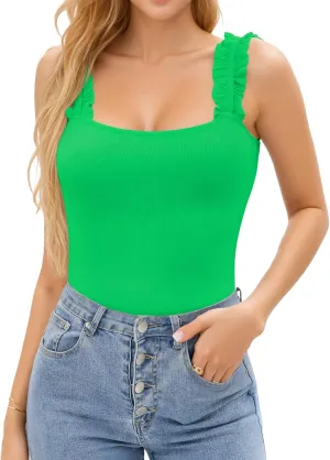 HERLOLLYCHIPS Sexy Tank Tops for Women Square Neck Ruffle Strap Ribbed Knit Tight Stretchy Sleeveless Shirts