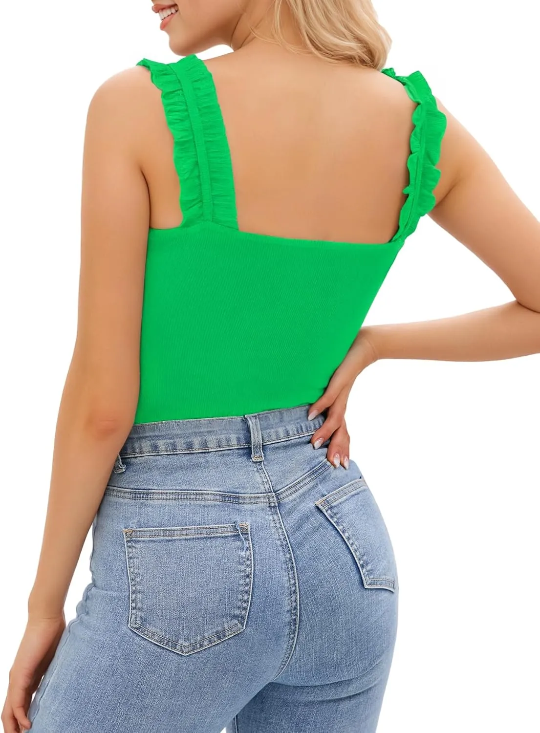 HERLOLLYCHIPS Sexy Tank Tops for Women Square Neck Ruffle Strap Ribbed Knit Tight Stretchy Sleeveless Shirts
