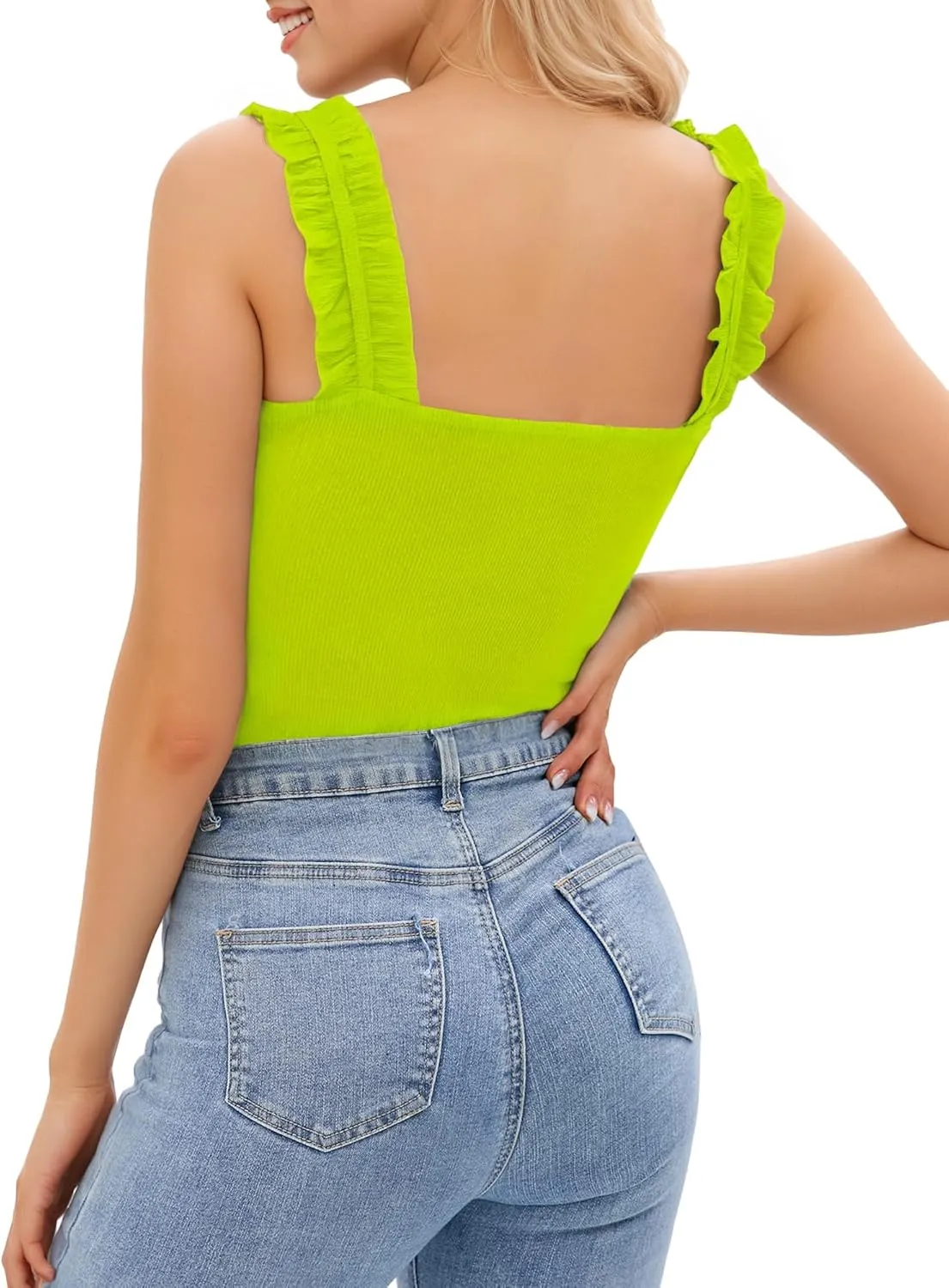 HERLOLLYCHIPS Sexy Tank Tops for Women Square Neck Ruffle Strap Ribbed Knit Tight Stretchy Sleeveless Shirts