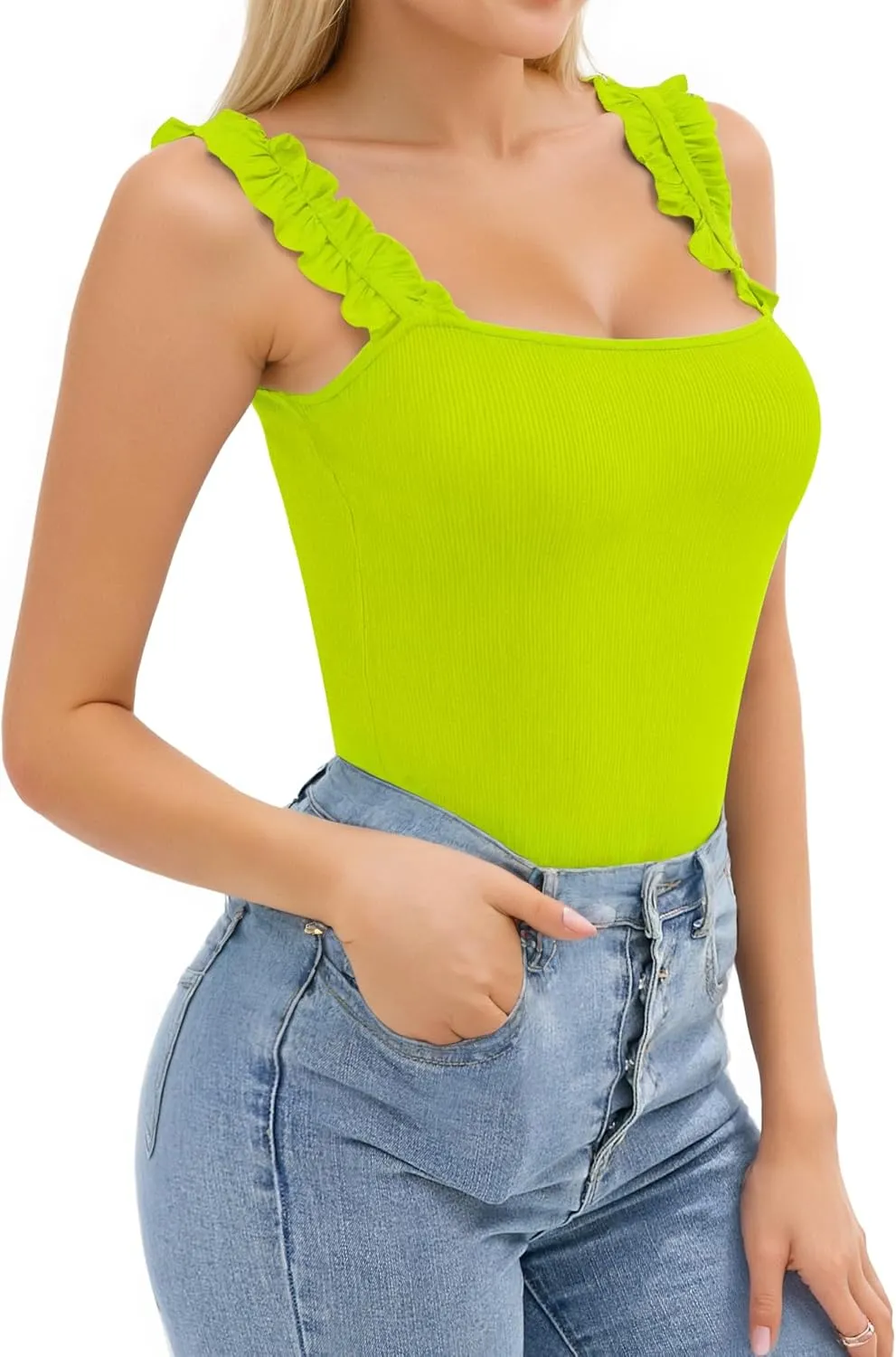 HERLOLLYCHIPS Sexy Tank Tops for Women Square Neck Ruffle Strap Ribbed Knit Tight Stretchy Sleeveless Shirts