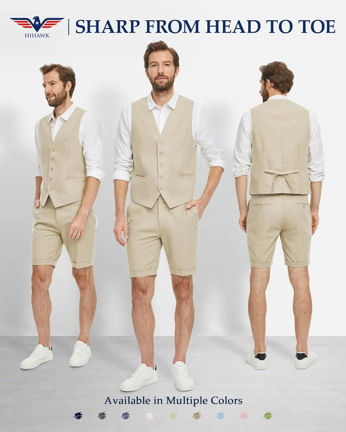 Hihawk Mens 2-Piece Linen Vest Pants, Lightweight Waistcoat Shorts, Casual Wedding Beach Summer Prom Homecoming Outfit
