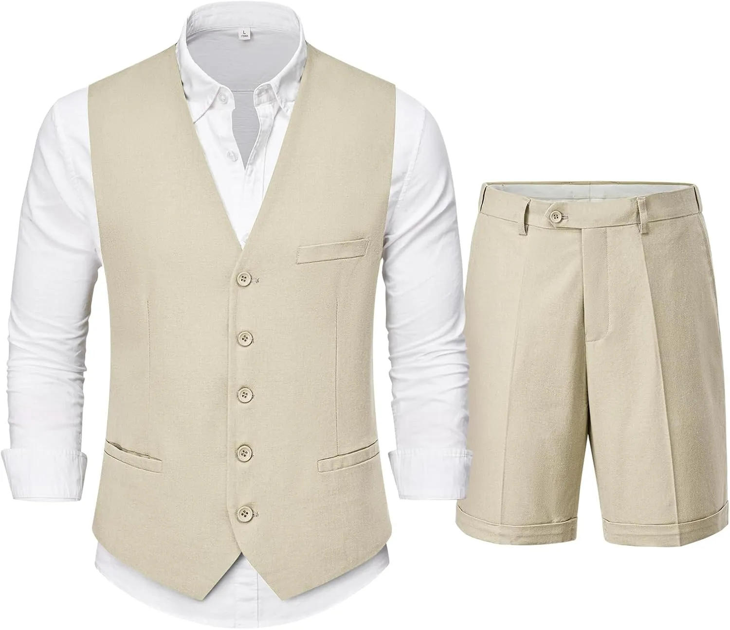 Hihawk Mens 2-Piece Linen Vest Pants, Lightweight Waistcoat Shorts, Casual Wedding Beach Summer Prom Homecoming Outfit