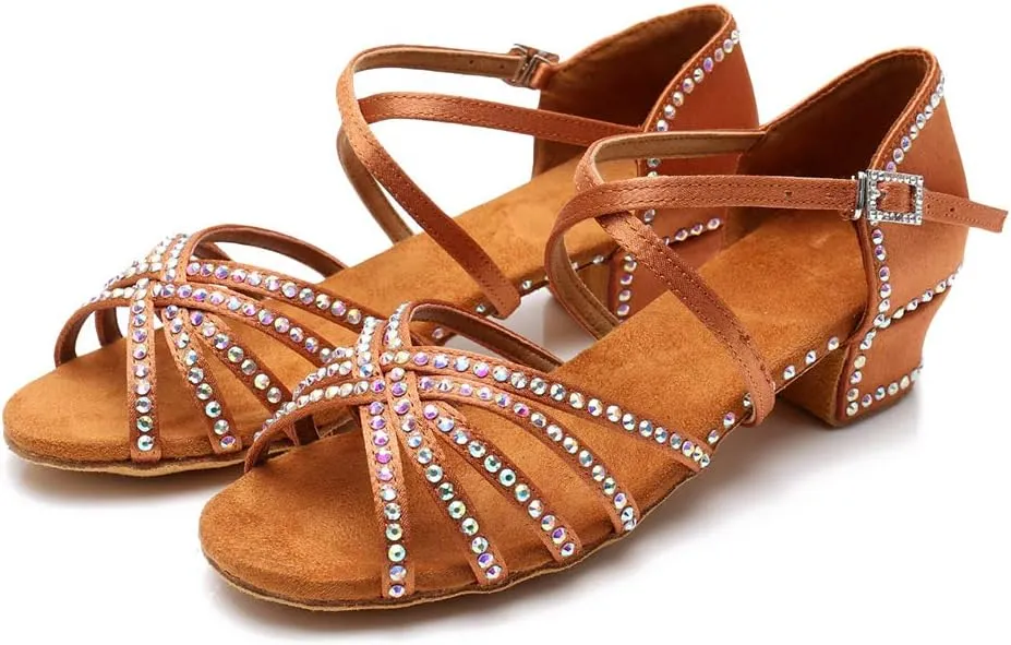 HIPPOSEUS Girls' Brown Satin Latin Dance Shoes with Rhinestones Low Heel