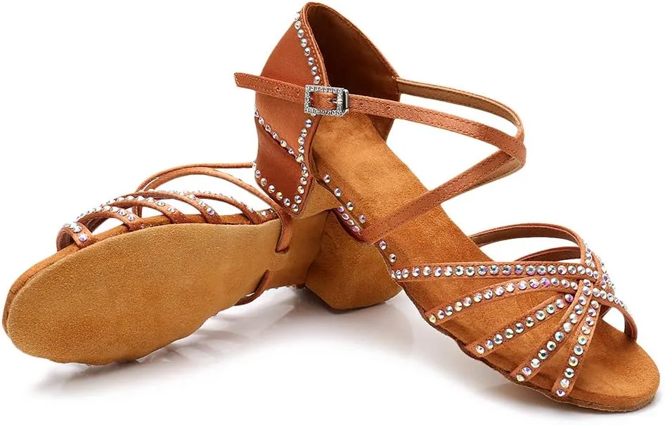 HIPPOSEUS Girls' Brown Satin Latin Dance Shoes with Rhinestones Low Heel