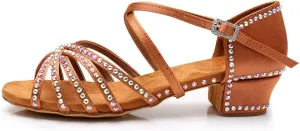 HIPPOSEUS Girls' Brown Satin Latin Dance Shoes with Rhinestones Low Heel