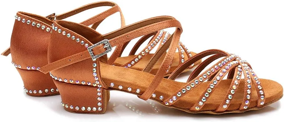 HIPPOSEUS Girls' Brown Satin Latin Dance Shoes with Rhinestones Low Heel