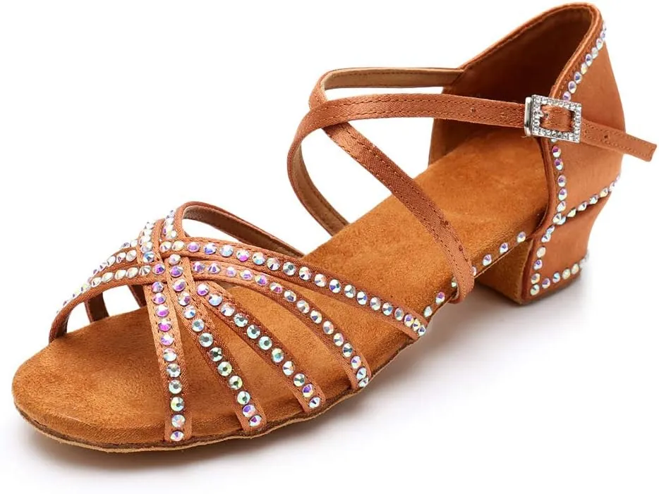 HIPPOSEUS Girls' Brown Satin Latin Dance Shoes with Rhinestones Low Heel
