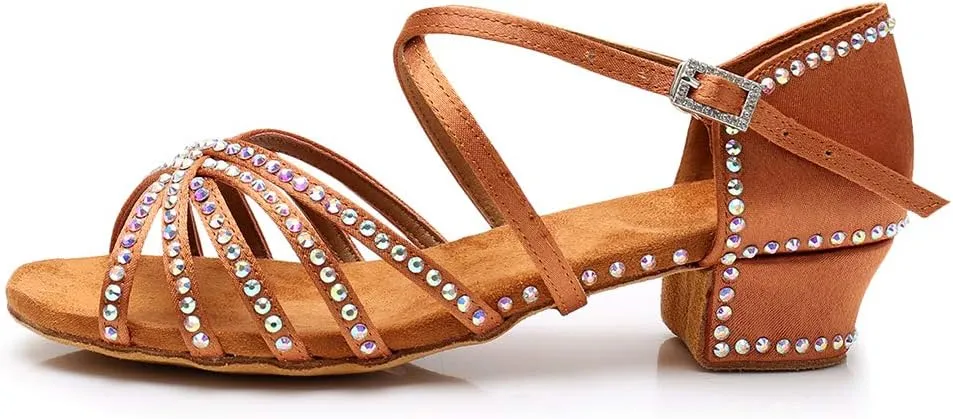 HIPPOSEUS Girls' Brown Satin Latin Dance Shoes with Rhinestones Low Heel