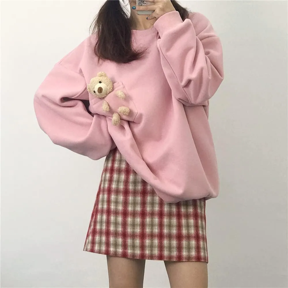 Hoodie with 3D Cute Bear Street Fashion Pullover Crewneck Oversize Top Sweater for Men and Women Teens School